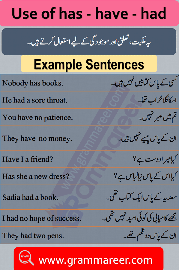 Use of Has, Have, Had with Urdu Translation - 50 Sentences of daily used for spoken English for beginners Download PDF free, Basic English lessons in Urdu, Spoken English lessons with Urdu meanings, English lessons for beginners in Urdu, English for basic level in Urdu, English Sentences in Urdu