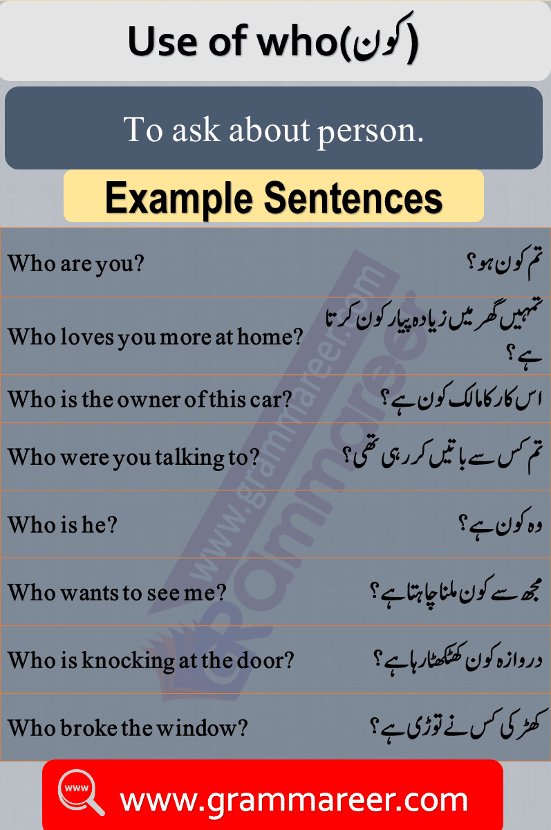 Use of who in Urdu, Question words in Urdu, Wh Question words, English Grammar lesson in Urdu, Basic Grammar in Urdu