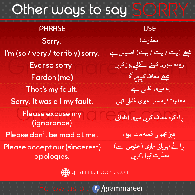 Ways to say SORRY in English with Urdu and Hindi Translation