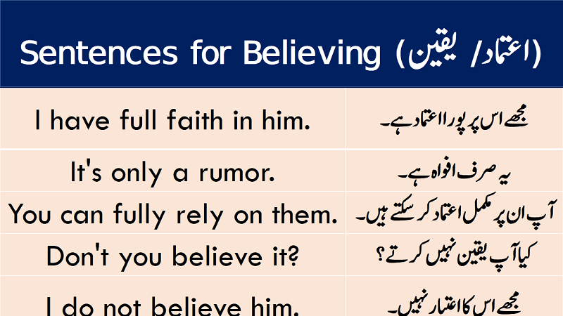 Sentences of Believe or Faith with Urdu Translation download PDF Book learn common English sentences for believe and faith with Urdu and Hindi translation.