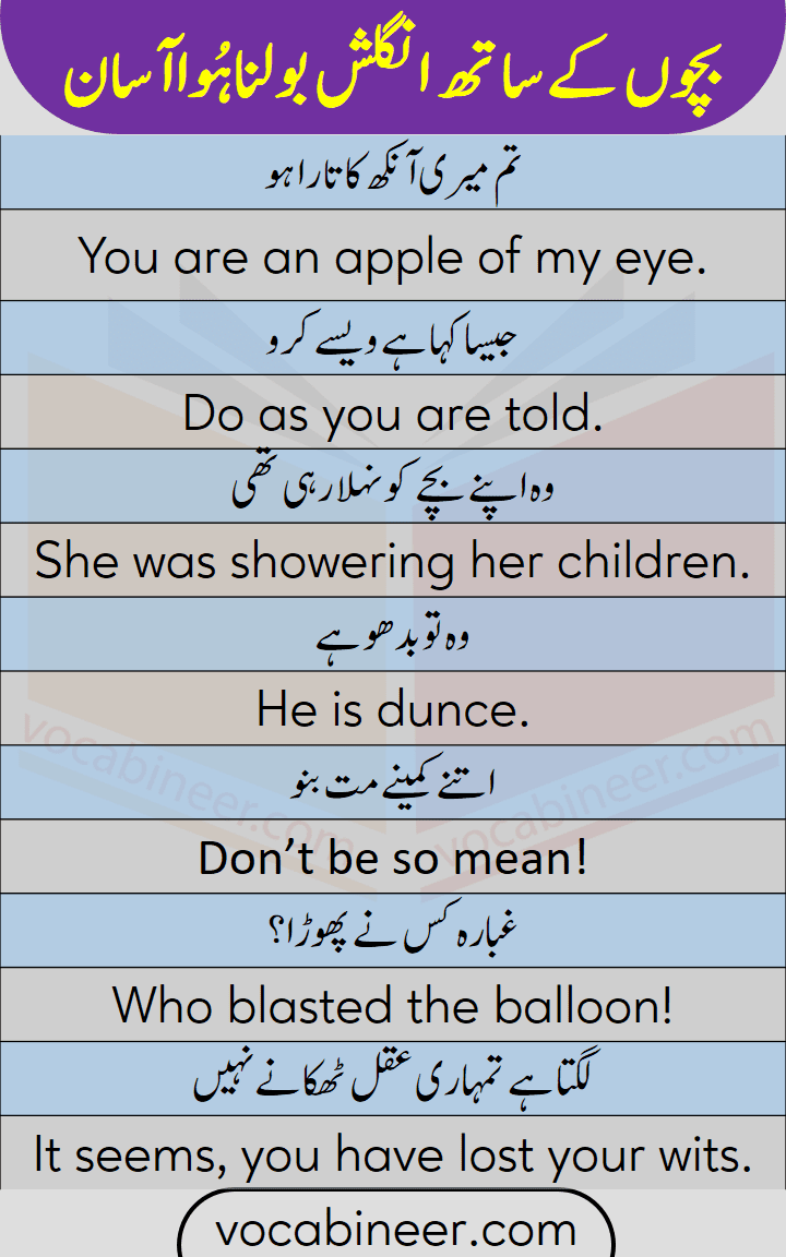 English conversation sentences for kids to speak English with Urdu and Hindi