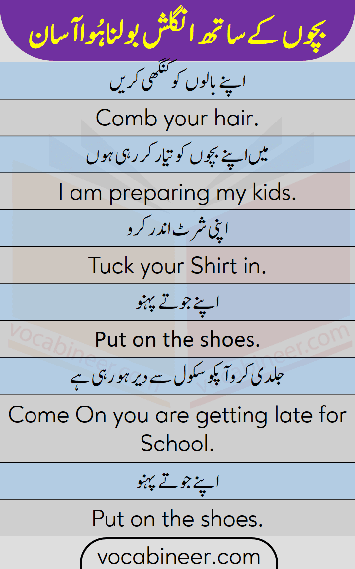 Basic English sentences for speaking English with kids through Urdu and Hindi
