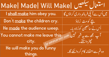 Make, Made, Shall Make, Will Make in Urdu examples sentences of daily use for practice. Use of make, Use of made, Use of shall make, Use of will make, English Grammar Lessons in Urdu, English Grammar PDF, Download English Grammar in Urdu