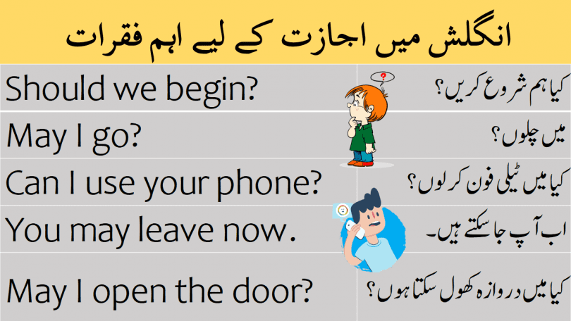 Asking and Giving Permission in English with Urdu and Hindi translation learn useful sentences to give and take permission in English with their Hindi and Urdu translation for improving your English speaking skills.