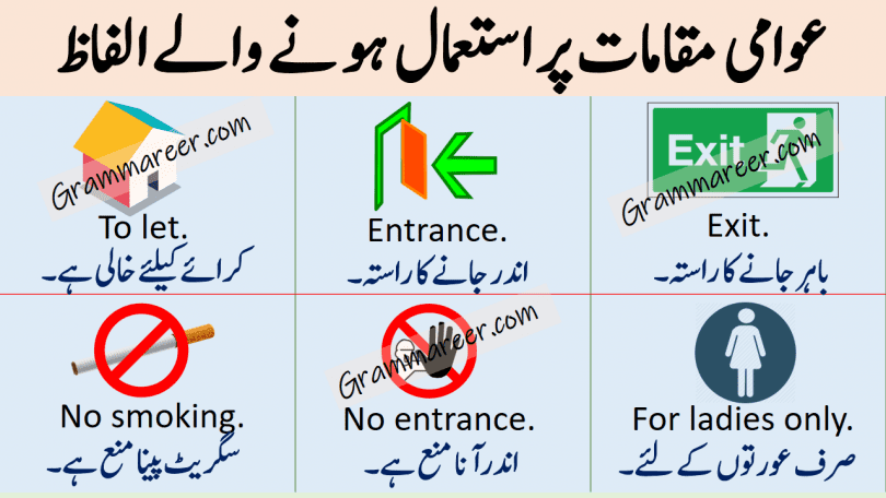 Public Signs and Symbols with Urdu and Hindi Meanings learn different signs and symbols in public places with pictures for speaking English fast.