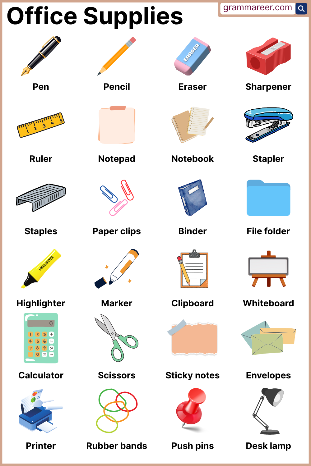 List of common office supplies in English for workplaces