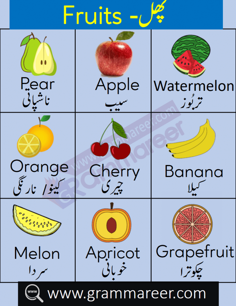 Fruit Names Vocabulary in Urdu with Pictures