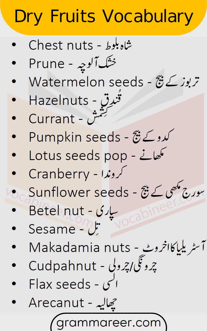 Dry fruits vocabulary words with their meanings in Urdu and Hindi