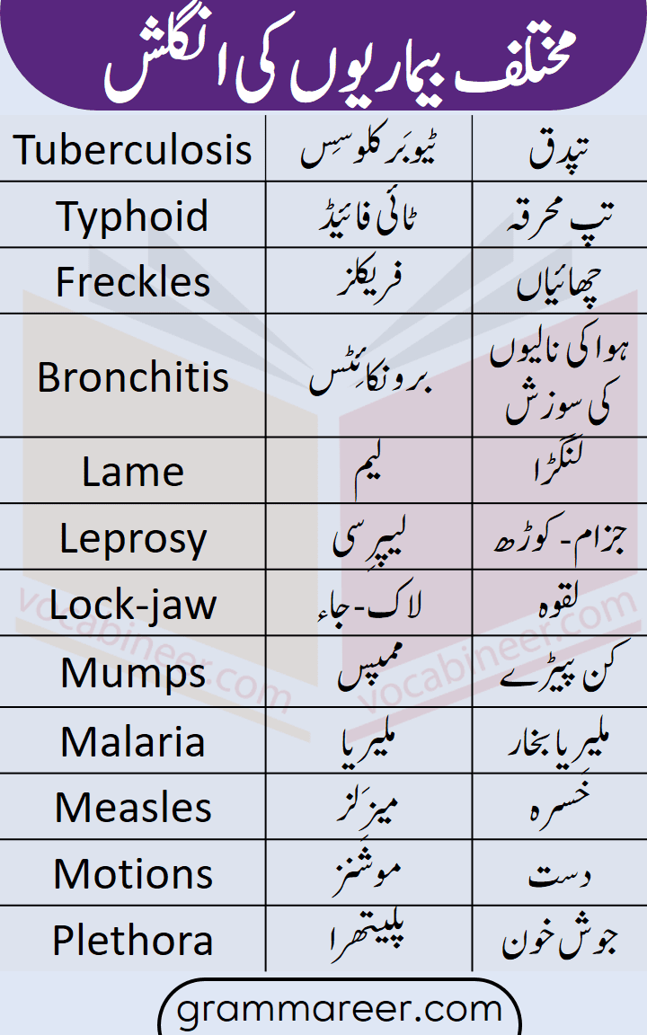Diseases Names in English With Urdu Meanings, diseases dictionary in Urdu, diseases in Urdu, diseases name list in Urdu and English, diseases names in Urdu, diseases names list Urdu, Diseases vocabulary in Urdu, heza disease in Urdu