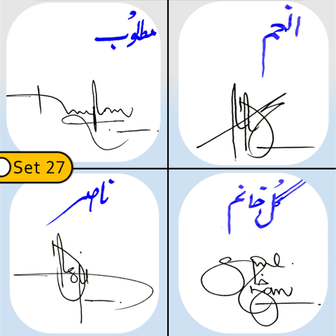 Matloob. Anam, Nasir, Gul khanum handwritten signatures in English and Urdu