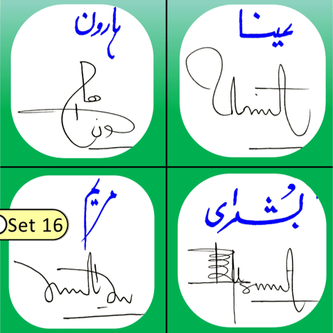 Haroon, Aina, Maryam, Bushra all name signature