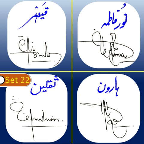 Qaisar, Noor fatima, saqlain, haroon name signatures