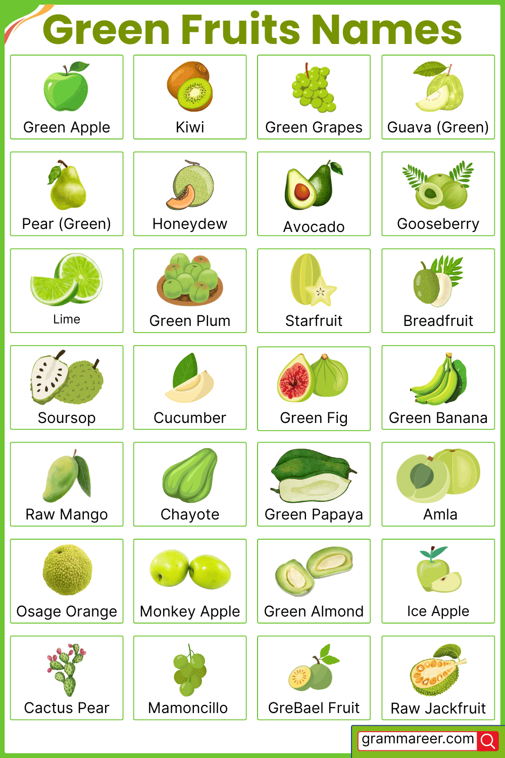 30 Green Fruits Names list with Pictures in English