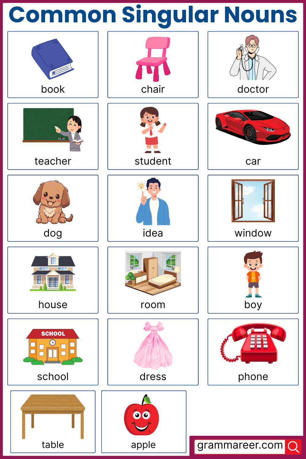 30 Most Common Singular Nouns List in English with Examples
