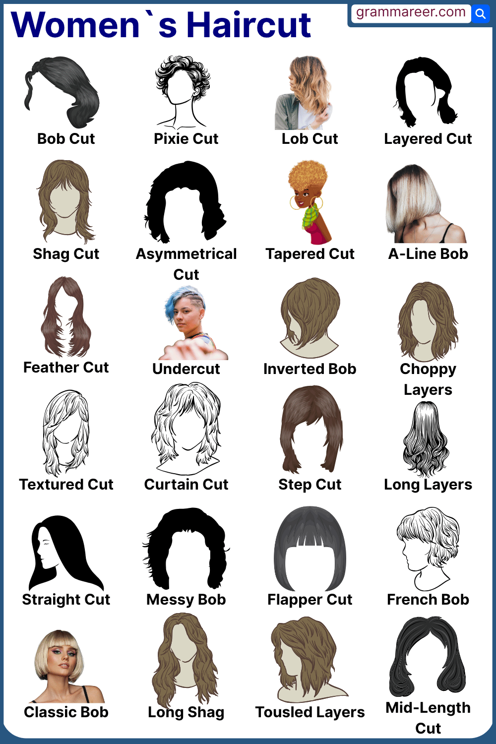 List of women haircut names with styles for short, medium, and long hair