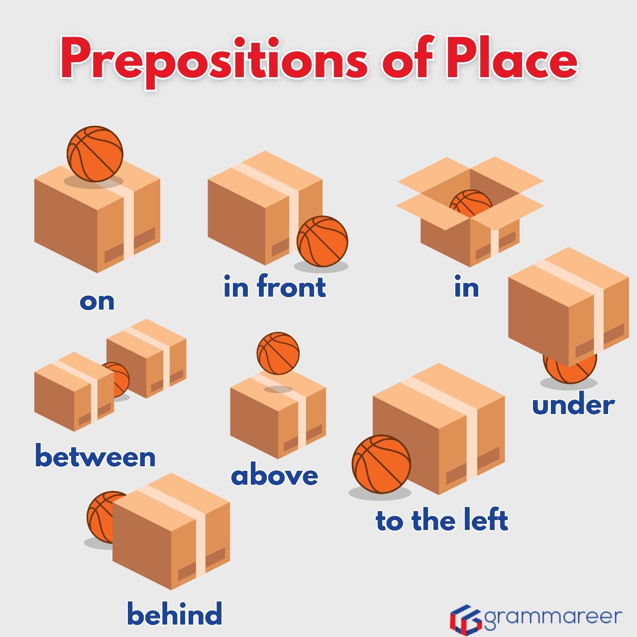Examples of prepositions of place like in, on, under, and next to