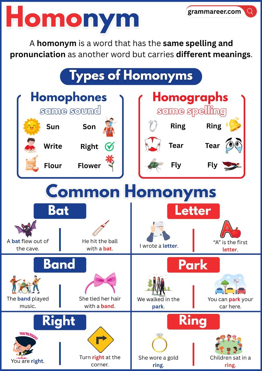 Example sentences of homonyms in English grammar