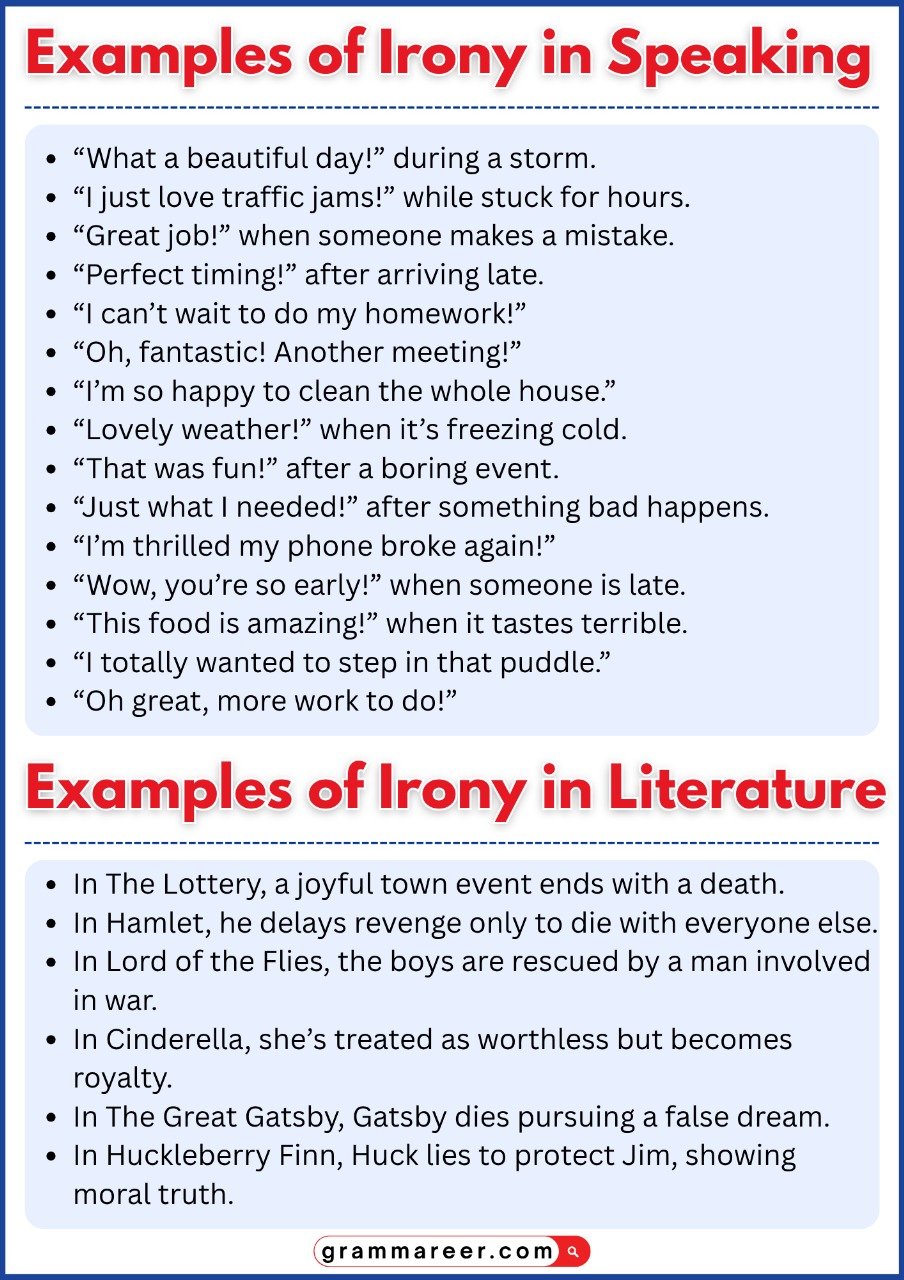 Examples of irony in speaking and literature.
