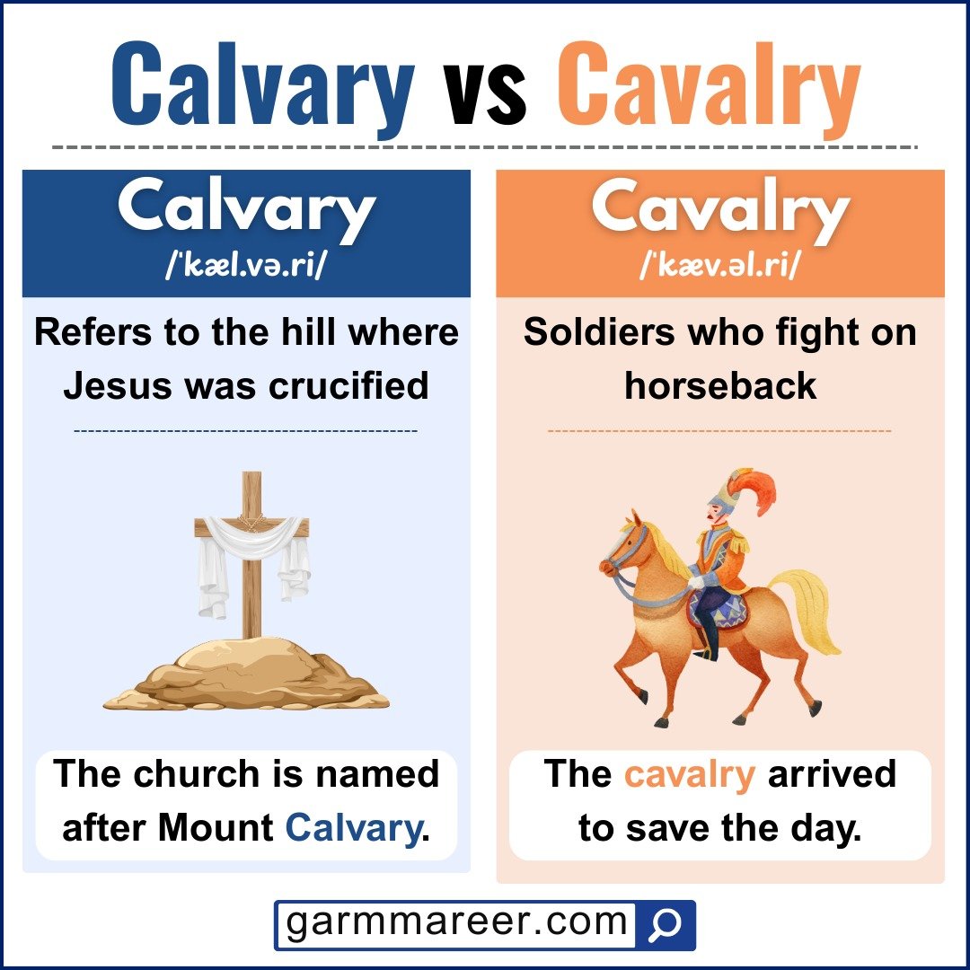 Examples of sentences using Calvary and Cavalry correctly.