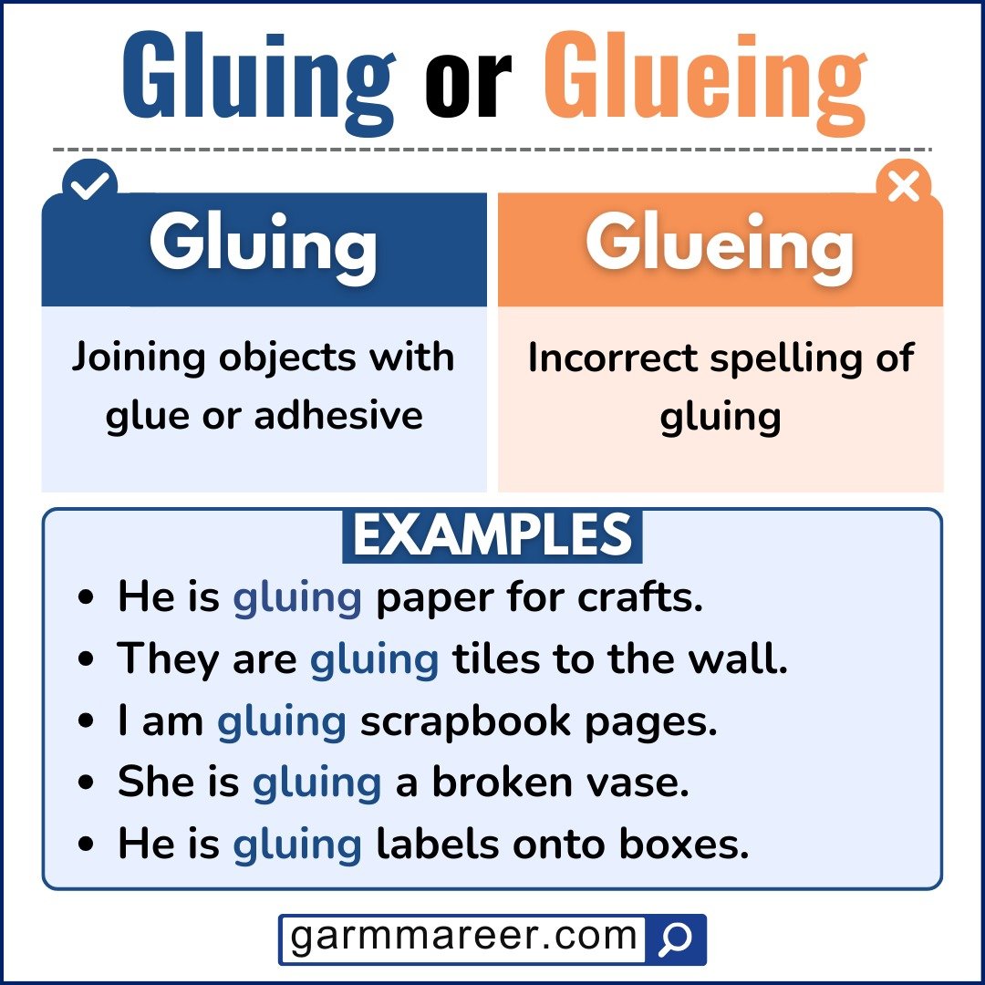 Example sentence showing the correct use of the word gluing.